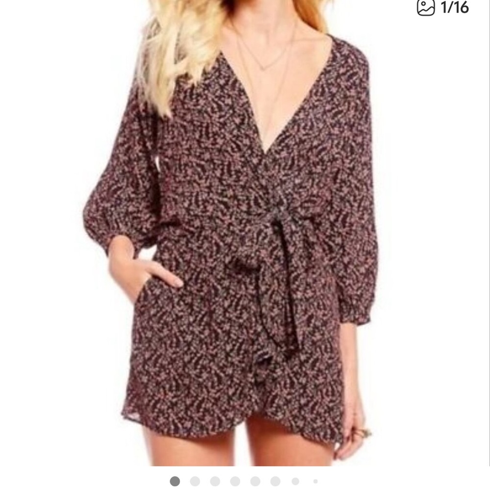 Free People Black and Pink Floral V-Neck Dress